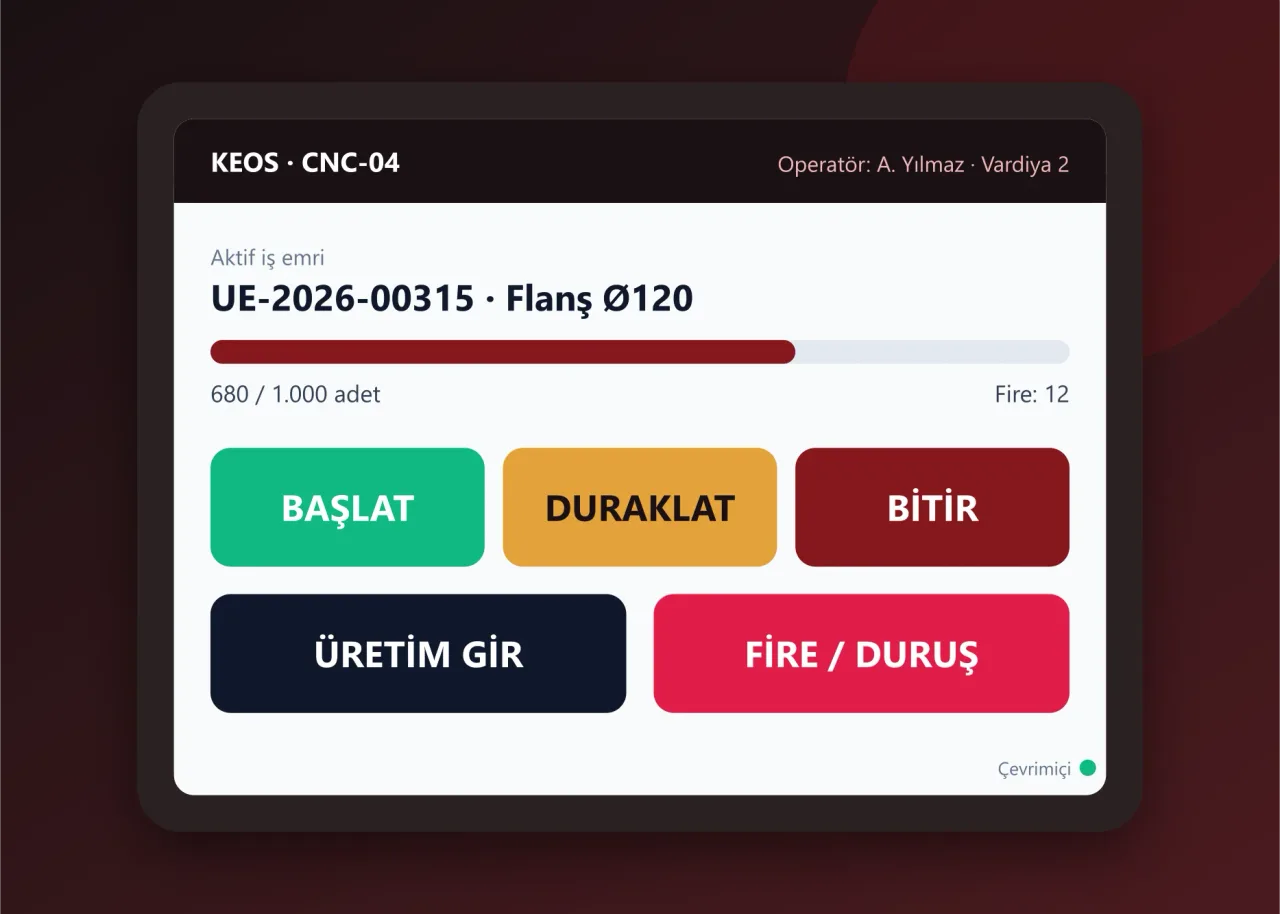 KEOS dokunmatik istasyon terminalinde iş emri başlatma ekranı